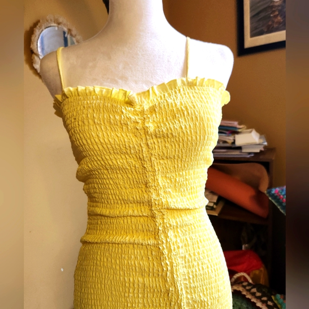 Yellow Bodycon Ruched Dress with ties
